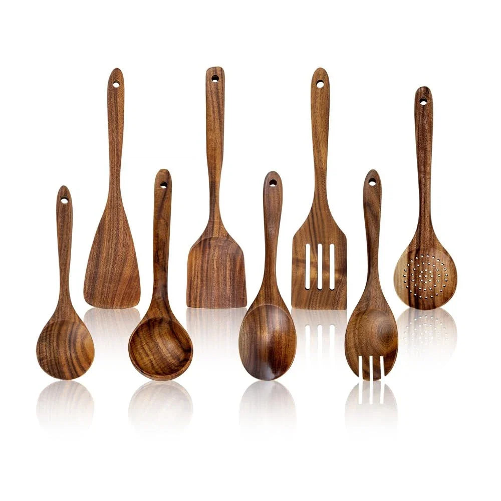 8 PCS Teak Wooden Kitchen Utensils Set for Cooking Non-Stick Spatula Spoons